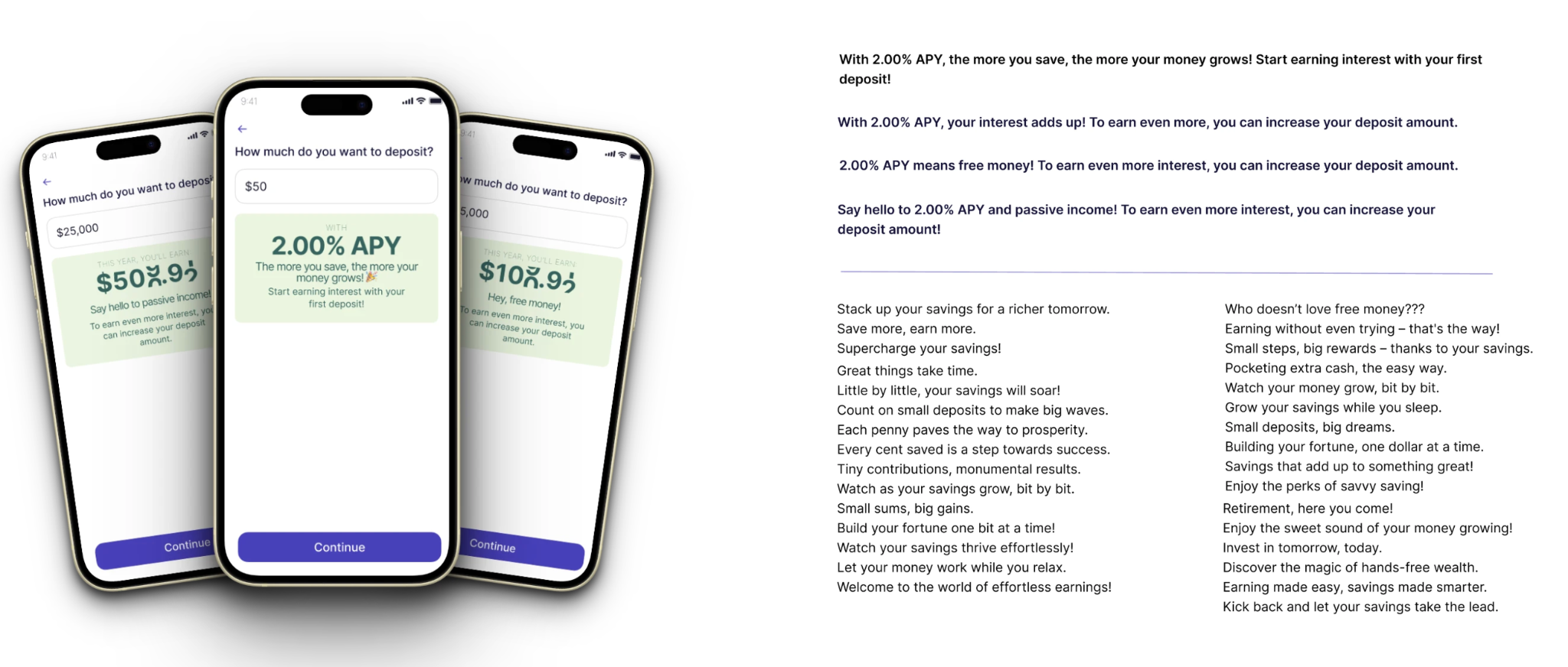 Original Wealthfront content explorations: three deposit screens and alternative messages about interest, savings growth and passive income.