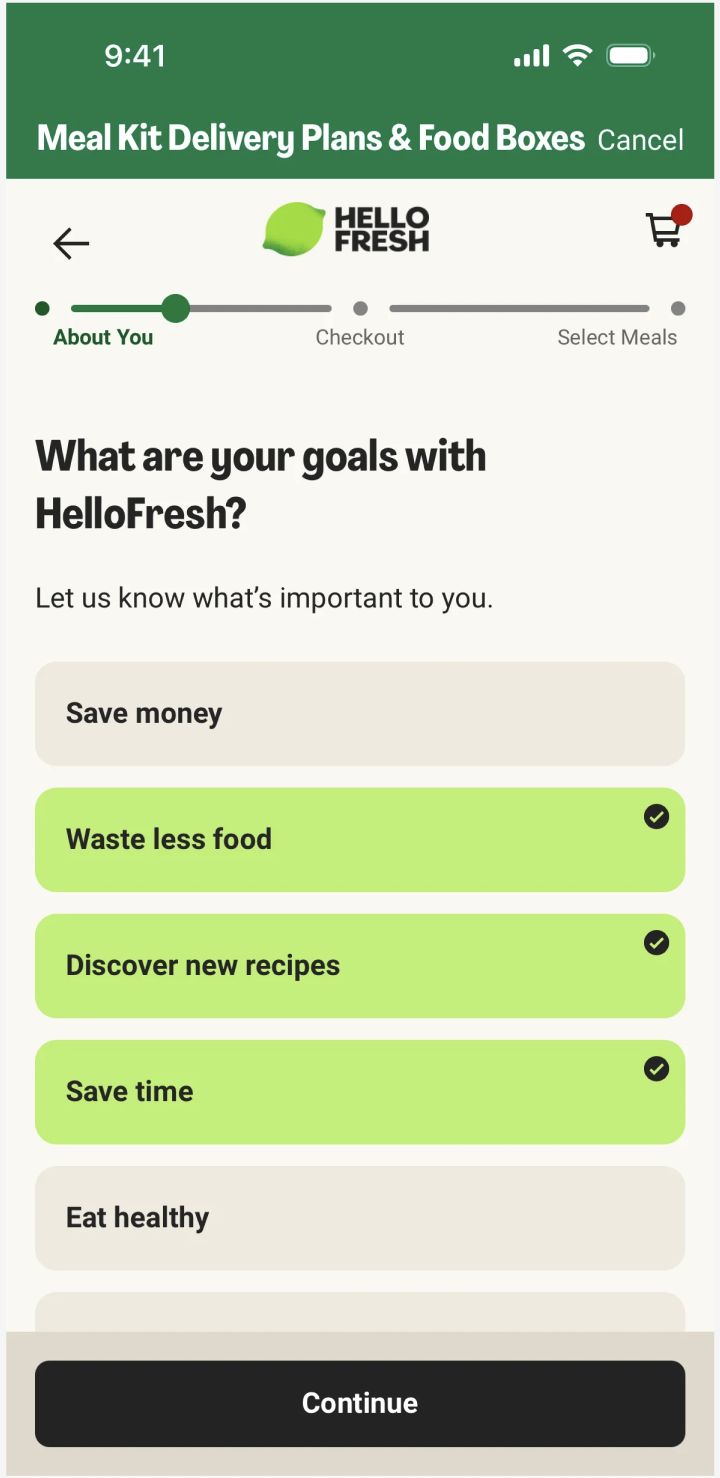 Original HelloFresh goals screen