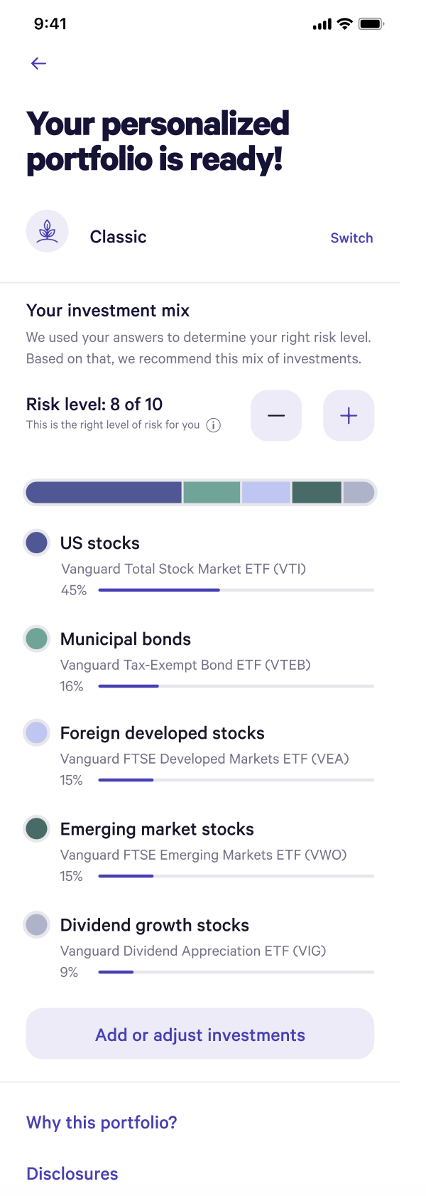 Your personalized portfolio is ready. Classic portfolio, risk level 8 of 10, with five investment allocations.