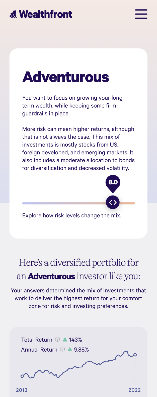 Adventurous result, risk score 8.0, investment mix explanation and historical performance chart.