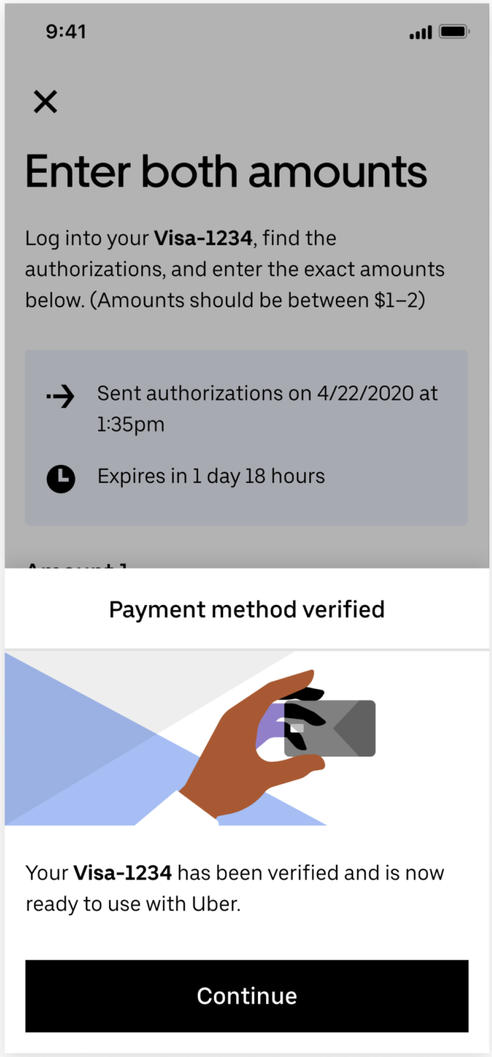 Payment method verified. Your card is ready to use with Uber.